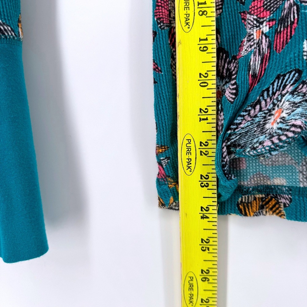 Sundance Thermal Knit Top Women Medium Teal Floral Waffle Long Sleeve Boho Cuffs - Picture 5 of 5
